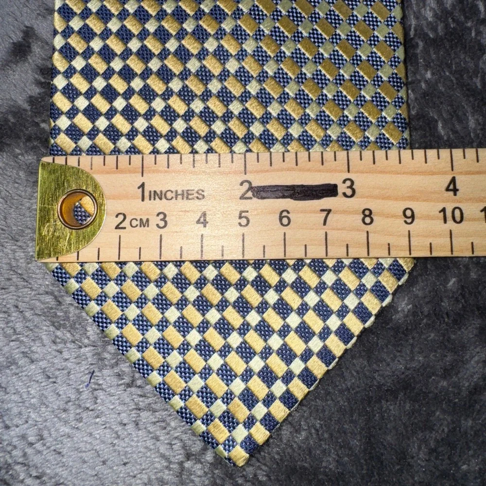 Foggia Mens Silk Tie Navy Gold Yellow Geometric Checkerboard Handmade Necktie